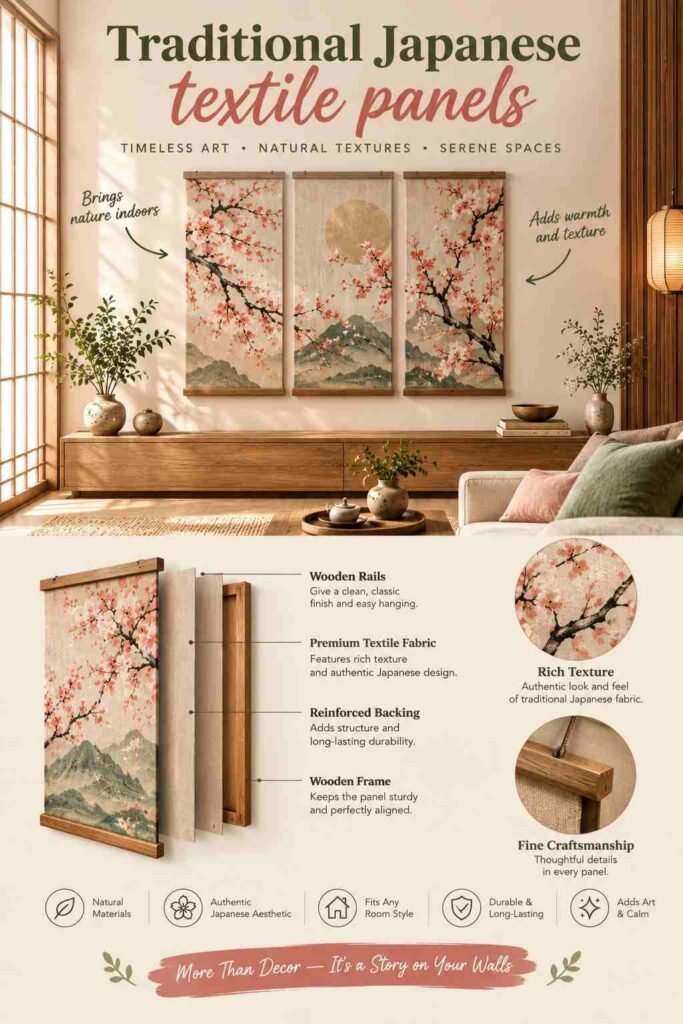 Traditional Japanese textile panels with cherry blossom artwork, wooden rails, and natural fabric texture.