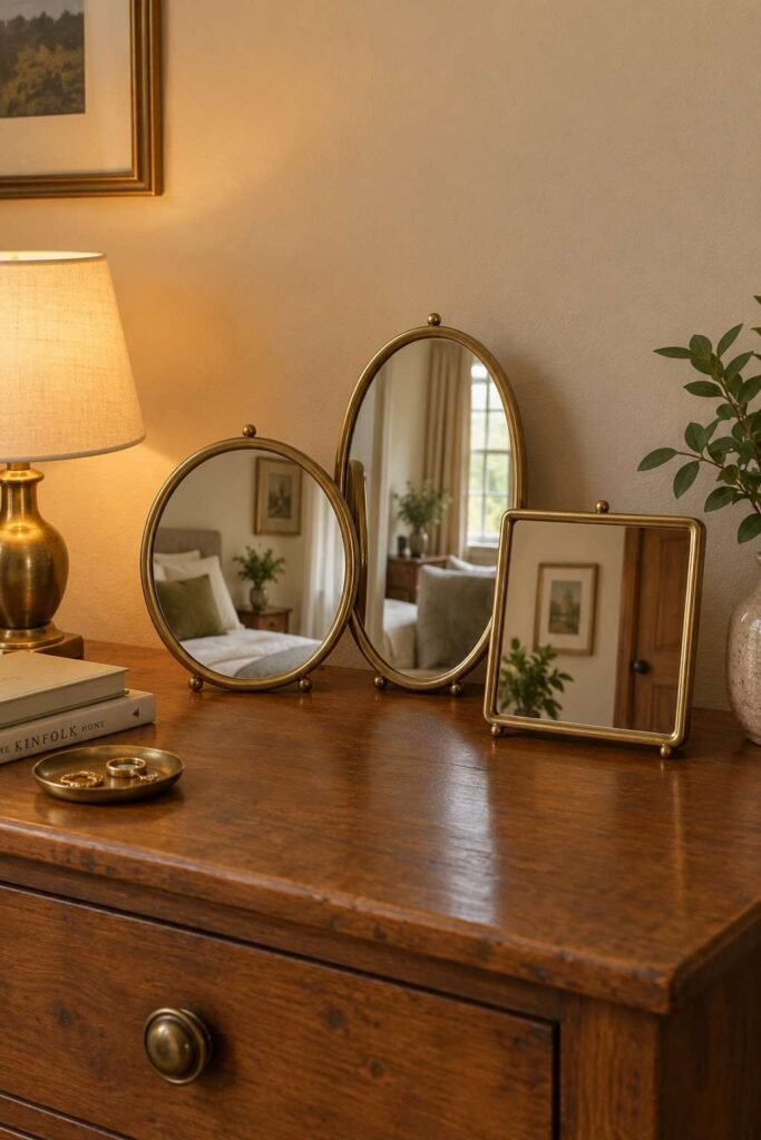 Mirror Table Decor Bedroom: 26 Stylish Ideas for Nightstands, Dressers & Vanities 9 Three small brass-framed mirrors in round, oval and square shapes on a dresser