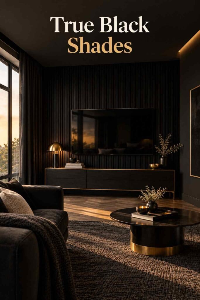 Modern living room with a black slat TV wall, dark furniture, warm brass accents, and golden-hour lighting.