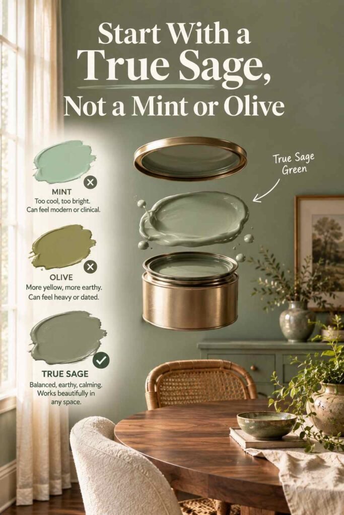 True sage green paint compared with mint and olive tones in a warm, earthy dining room interior.