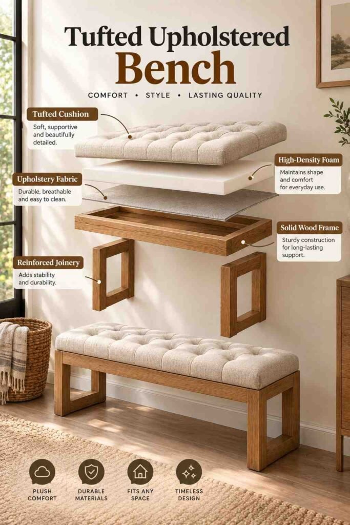 Entryway Bench Ideas to Make Every Homecoming Feel Welcome 9 Exploded-view tufted upholstered bench showing the cushioned seat, upholstery fabric, foam layer, solid wood frame, and reinforced joinery.