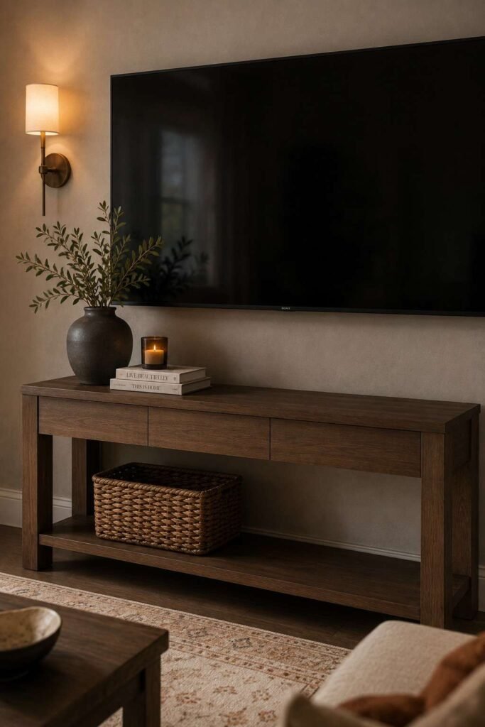 Asymmetrical styling trick for cozy console table under TV