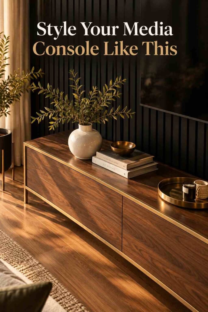 Close-up of a walnut and brass media console styled with a vase and books beneath a black slat accent wall.