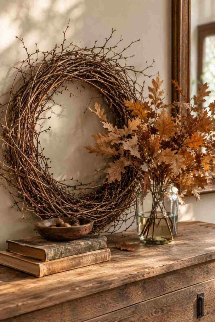 Halloween Decor for Entry Table Ideas to Welcome Guests Spooky, Elegant & Budget-Friendly 16 Foraged twig wreath and dried leaves Halloween entry table decor