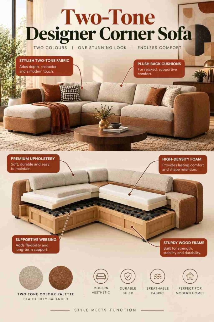 Corner Sofa Designs to Elevate Every Living Room in 2026 8 Two-tone designer corner sofa shown in an exploded view with premium upholstery, foam cushions, supportive webbing, and a sturdy wood frame.