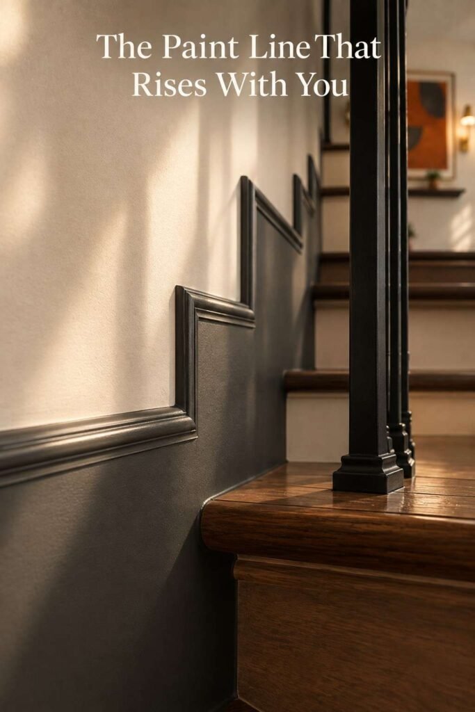 Wall-Going-Downstairs Ideas to Turn Your Staircase Into a Showpiece 8 Charcoal dado band meeting cream plaster along a rising staircase wall, beside a walnut tread and black iron baluster.