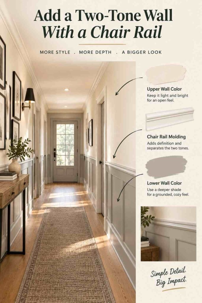 Narrow Hallway Ideas That Make a Tight Corridor Feel Wider, Brighter, and Full of Character 3 Two-tone narrow hallway with a chair rail separating warm cream walls from soft greige paneling, styled with a runner rug, framed artwork, and natural wood accents.
