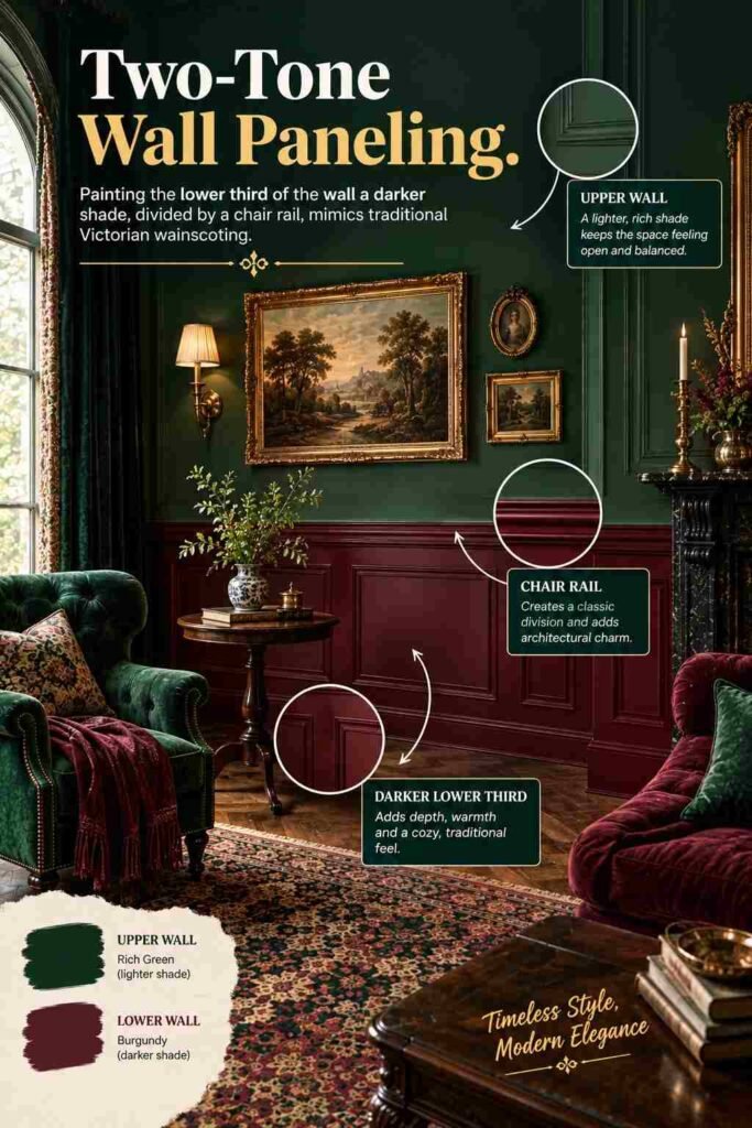 Victorian living room with emerald green upper walls, burgundy lower wall paneling, and a classic chair rail dividing the two tones.