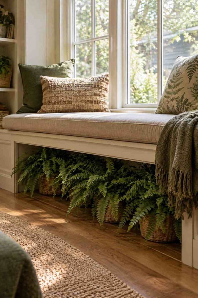 Lush Fern Sunroom Ideas to Turn Any Room Into a Living Retreat (Ideas, Plants & Care Tips) 7 Ferns tucked beneath a window seat bench in a sunroom