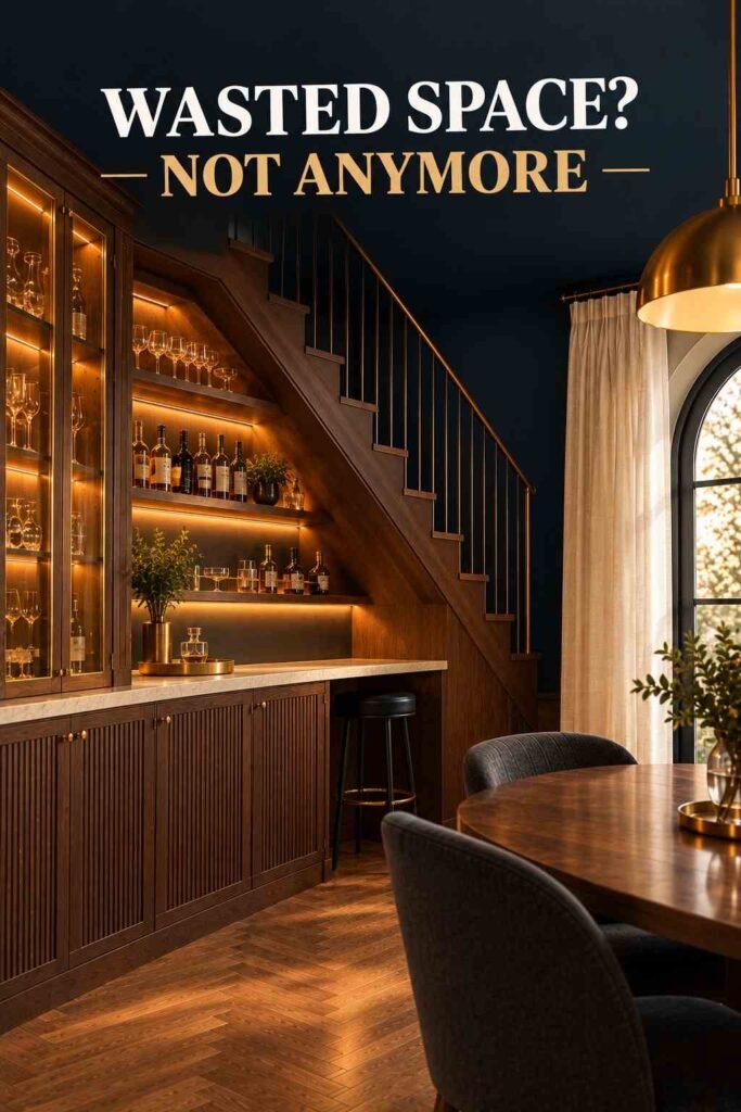 Dining Room Bar Ideas to Make Every Dinner Feel Like a Party 9 Bar nook beneath a walnut staircase with angled, lit shelves of stemware and bottles, a low cream stone counter with a brass tray, and a black stool.