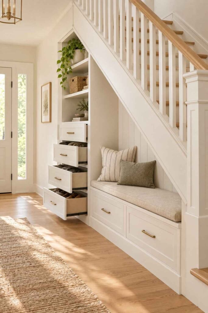 Under-stair storage with drawers and a bench in a Scandinavian entrance hall