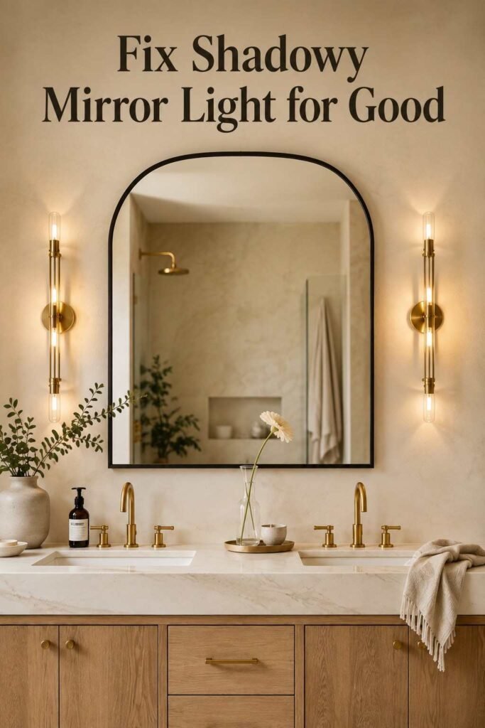 Brass wall sconces mounted at eye level beside a bathroom mirror.