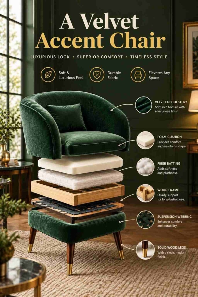 Moody Home Office Ideas to Create a Dramatic, Productive Workspace 7 Green velvet accent chair in a stylish living room, shown in an exploded view with upholstery, foam cushion, fiber batting, wood frame, suspension webbing, and wooden legs.