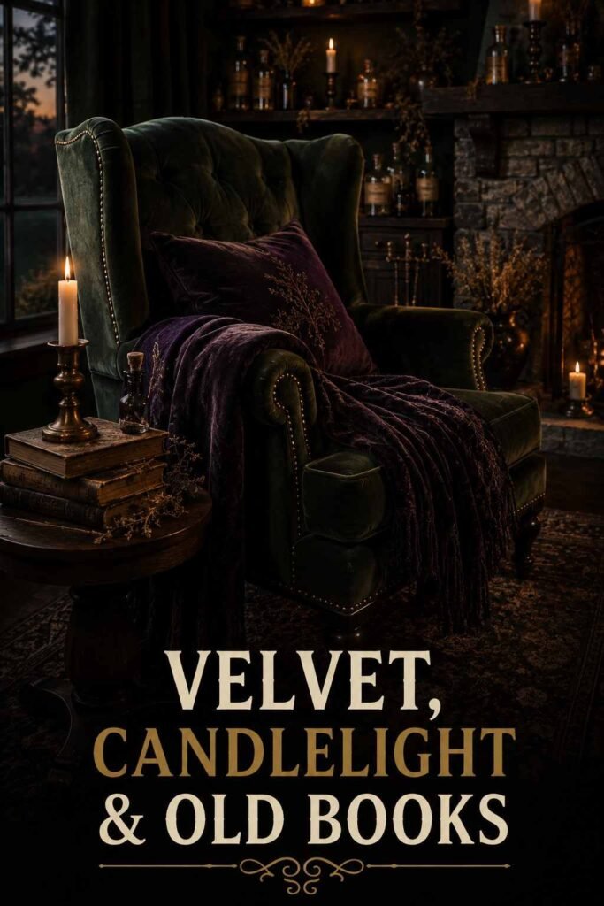 Witch Halloween Decor Ideas to Cast a Spell on Your Home This Halloween 2 A dark velvet wingback chair with a deep purple throw, styled with stacked books and a lit candle on a side table.