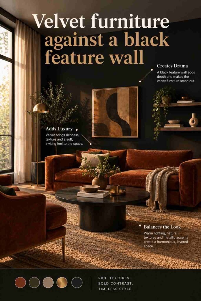 Rust velvet sofa and armchairs styled against a dramatic black feature wall in a warm modern living room with brass accents, natural textures, and layered decor.