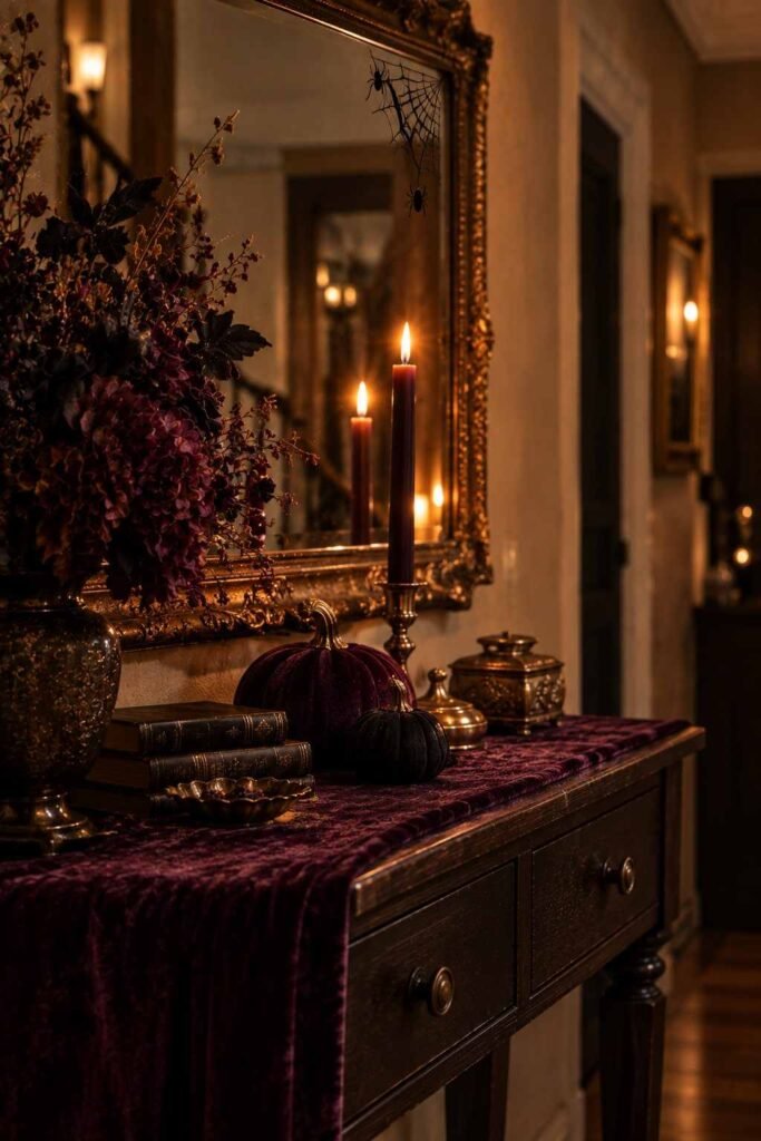 Halloween Decor for Entry Table Ideas to Welcome Guests Spooky, Elegant & Budget-Friendly 8 Velvet table runner and cobweb mirror gothic Halloween entry table decor