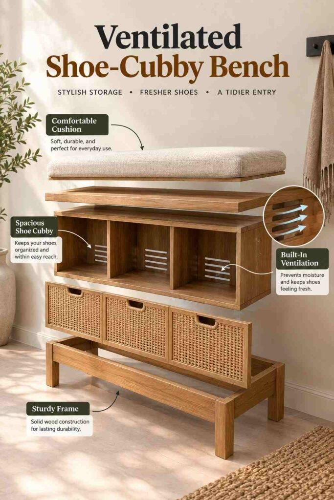 Entryway Bench Ideas to Make Every Homecoming Feel Welcome 5 Ventilated shoe-cubby bench shown in an exploded-view design with breathable shoe storage, woven drawers, cushion, and sturdy oak frame.