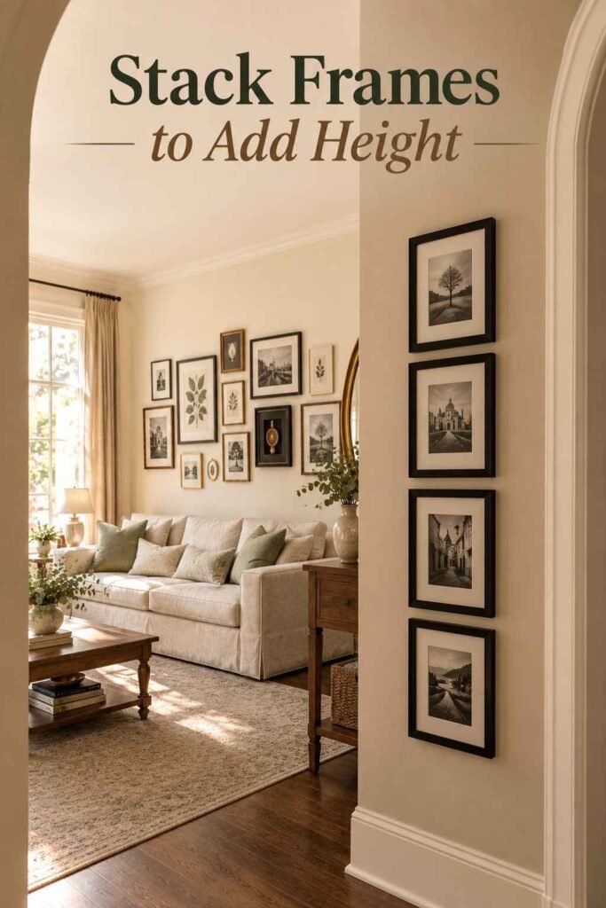 Picture Frame Wall Ideas to Turn Blank Walls Into Personal Stories 4 Column of four black picture frames stacked on a narrow cream hallway wall beside an arched doorway.