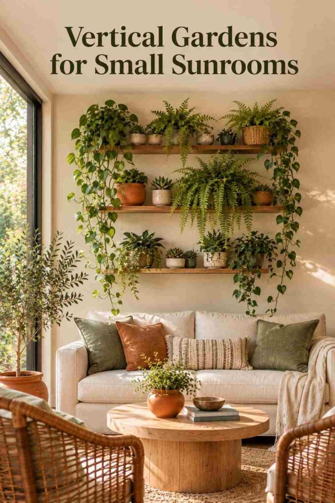 Vertical plant wall with trailing pothos, ferns, and potted succulents mounted on a sunroom wall.