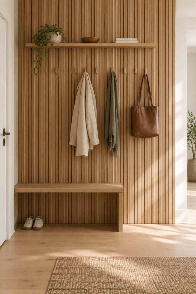 Vertical oak slat panelling with hooks and a shelf in a Nordic entryway