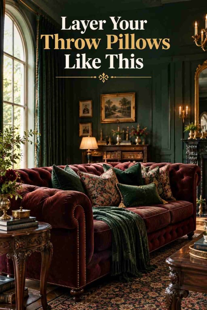 Burgundy tufted chesterfield sofa with layered damask and velvet throw pillows.
