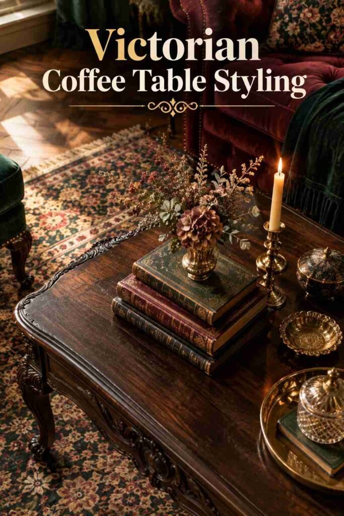 Carved wood coffee table styled with antique books, a brass candle holder, and dried botanicals.