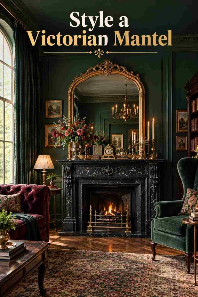 Black marble fireplace with gilded mirror and brass candlesticks in a Victorian-style living room.