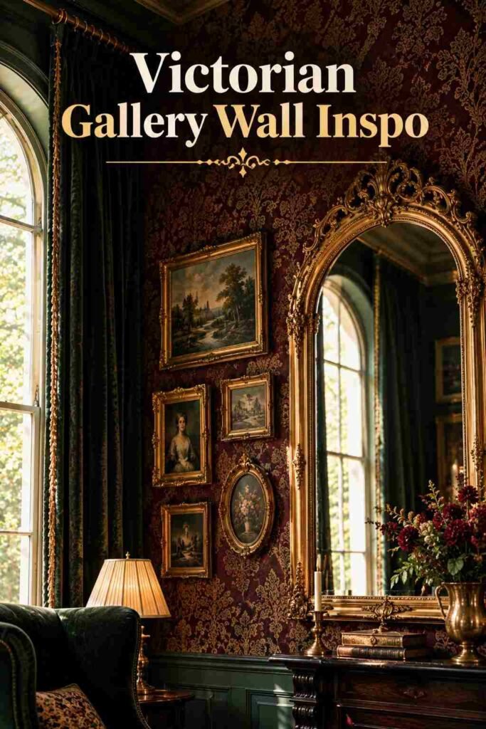 Gilded arched mirror and framed art cluster on a damask wallpaper accent wall.