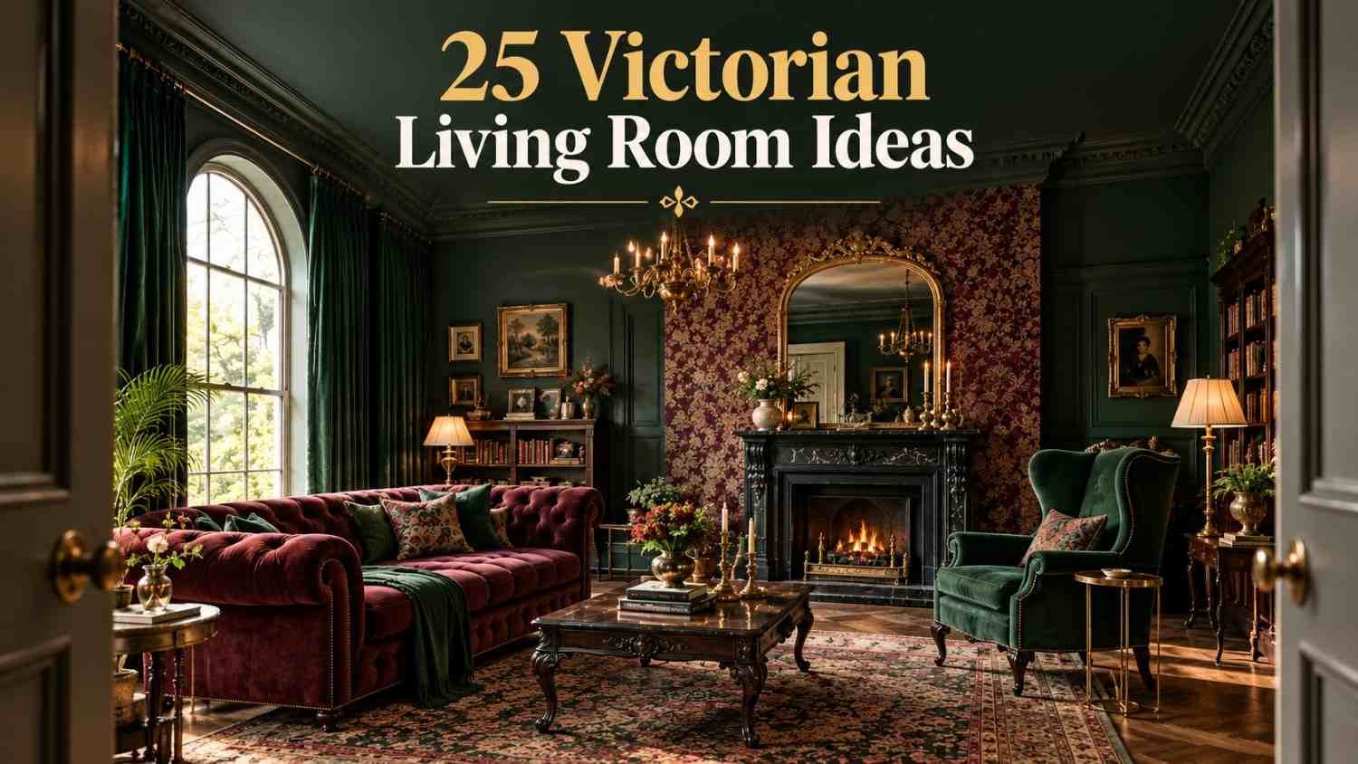 Ornate Victorian living room with a burgundy tufted sofa, emerald armchair, and gilded fireplace mirror.