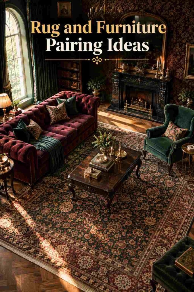 Overhead view of a Persian-style rug and furniture layout in a Victorian living room.