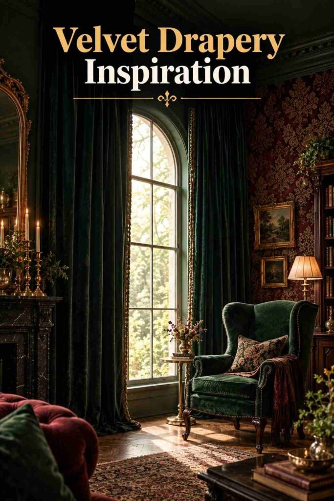 Tall arched window with heavy velvet drapery beside an emerald wingback chair.