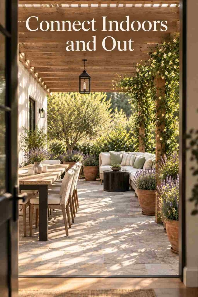 View through an open doorway in a white wall toward a cedar pergola patio with a dining table, a sofa, and jasmine in soft morning light.
