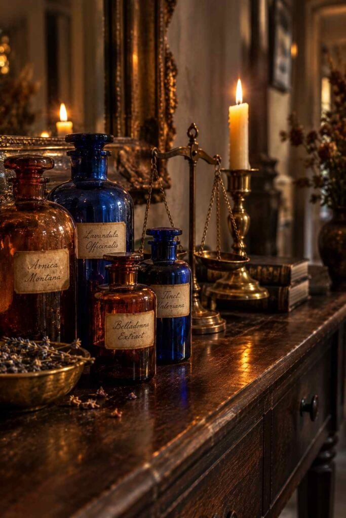 Halloween Decor for Entry Table Ideas to Welcome Guests Spooky, Elegant & Budget-Friendly 7 Vintage apothecary bottles as gothic Halloween decor for entry table