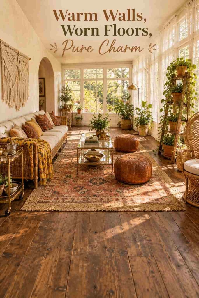 Boho Sunroom Ideas Vintage Lovers Will Adore 3 Wide elevated view of a sunroom with a limewashed white wall, wood plank floor, kilim rug and rattan sofa.