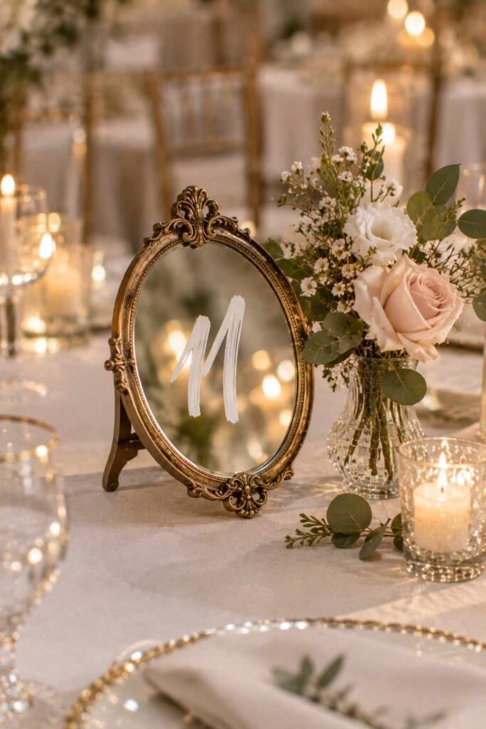 Vintage framed mirror used as a wedding table number sign.