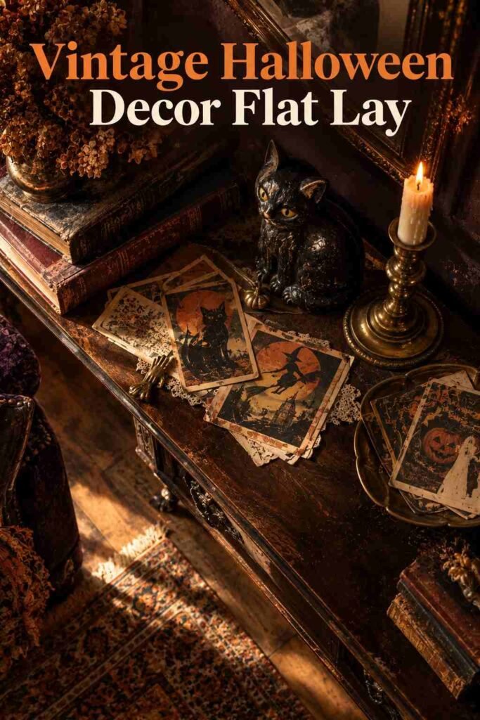 Overhead view of a console table styled with vintage Halloween paper decor and a chalkware cat figure.