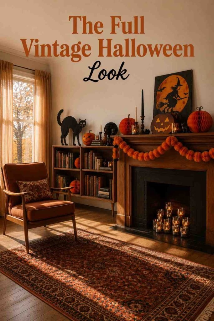 Vintage Halloween Decor Ideas to Bring Retro Charm Back to Your Home 7 Full living room view with an armchair, mantel, and bookshelf styled with vintage Halloween decorations.