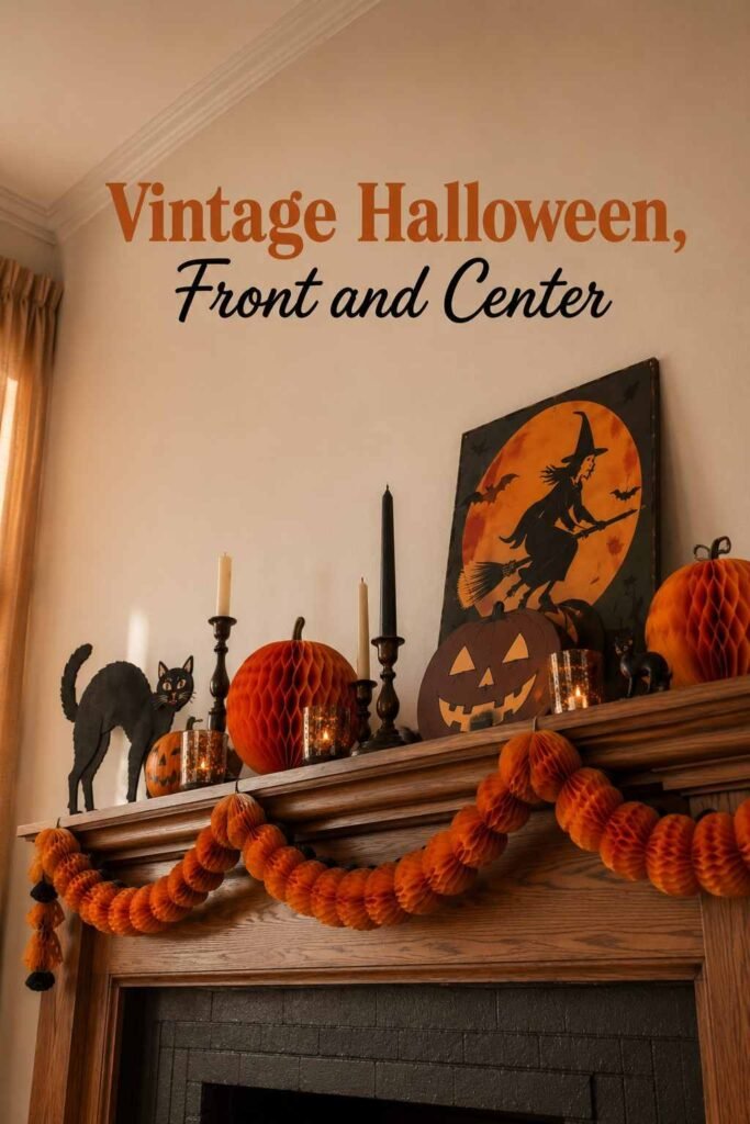 Vintage Halloween Decor Ideas to Bring Retro Charm Back to Your Home 4 Low-angle view of a mantel decorated with a black cat silhouette and paper mache pumpkins for Halloween.