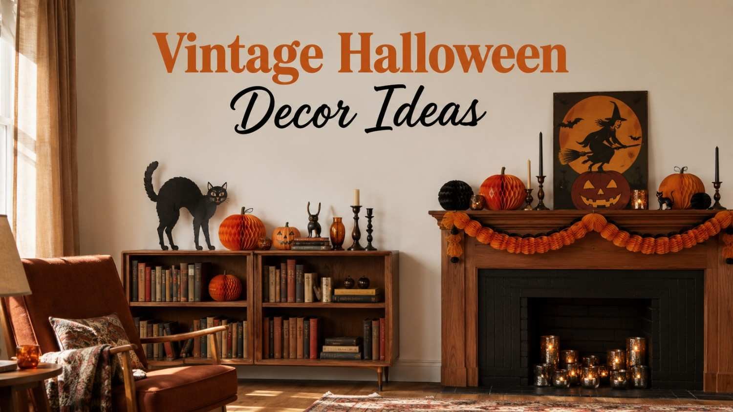 Living room mantel styled with vintage Halloween decor, including paper mache pumpkins and a black cat silhouette.