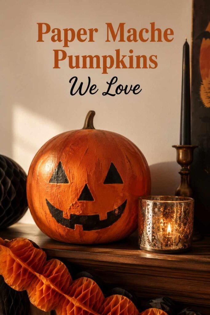 Vintage Halloween Decor Ideas to Bring Retro Charm Back to Your Home 2 Close-up of a hand-painted paper mache pumpkin next to a mercury glass candle holder.