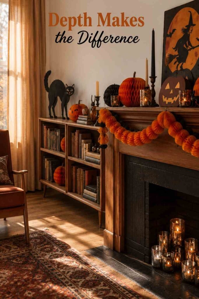Vintage Halloween Decor Ideas to Bring Retro Charm Back to Your Home 5 Side view of a living room showing a mantel and bookshelf both styled with vintage Halloween decorations.