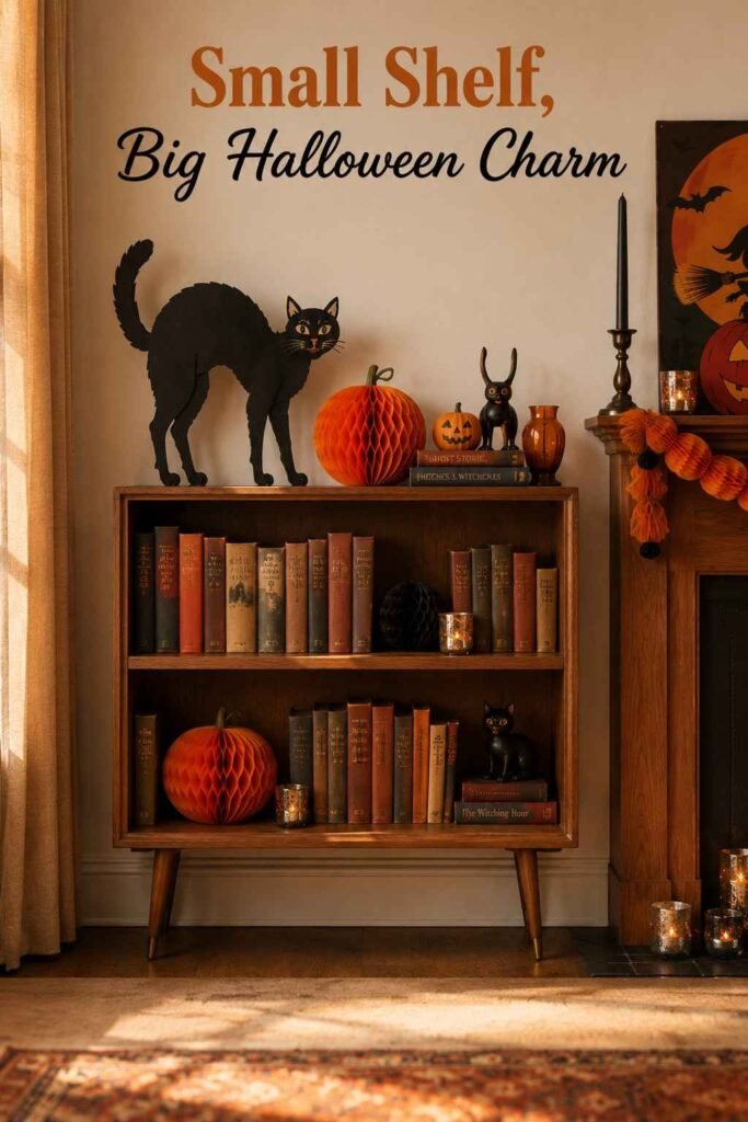 Vintage Halloween Decor Ideas to Bring Retro Charm Back to Your Home 3 Close view of a bookshelf styled with paper mache pumpkins and mercury glass candle holders for Halloween.