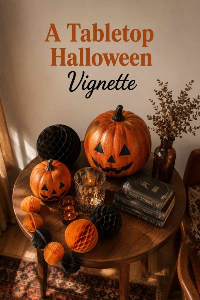 Vintage Halloween Decor Ideas to Bring Retro Charm Back to Your Home 6 Overhead view of a small side table styled with vintage Halloween decorations including pumpkins and candle holders.