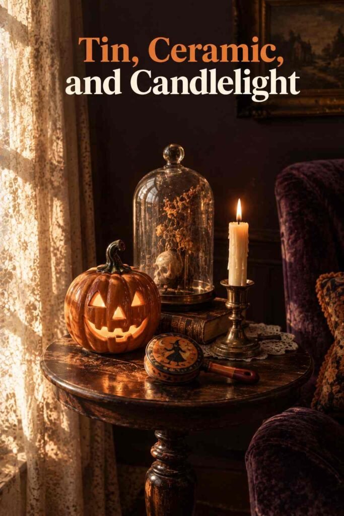 Side table styled with a tin Halloween noisemaker and a ceramic jack-o'-lantern light cover.