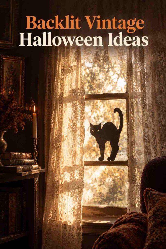 Black cat die-cut silhouette taped to a lace-curtained window, backlit by afternoon light.