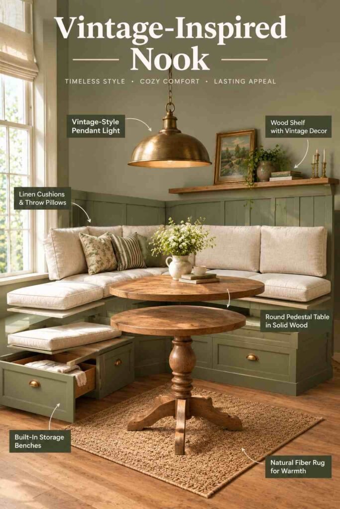 Vintage-inspired dining nook with a sage green paneled wall, cream linen banquette, round oak pedestal table, brass pendant light, and built-in storage benches.