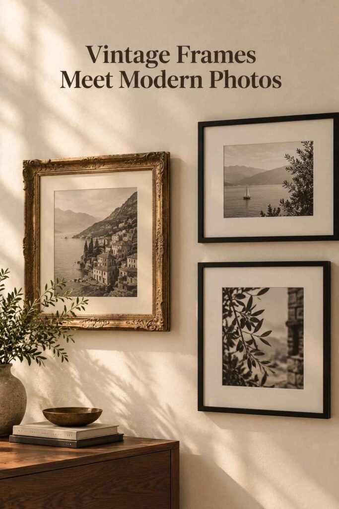 One ornate vintage gold frame displayed beside two modern black frames on a cream living room wall.