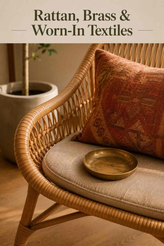 Close-up of a rattan chair with a vintage woven cushion and small brass accent in a sunroom corner.