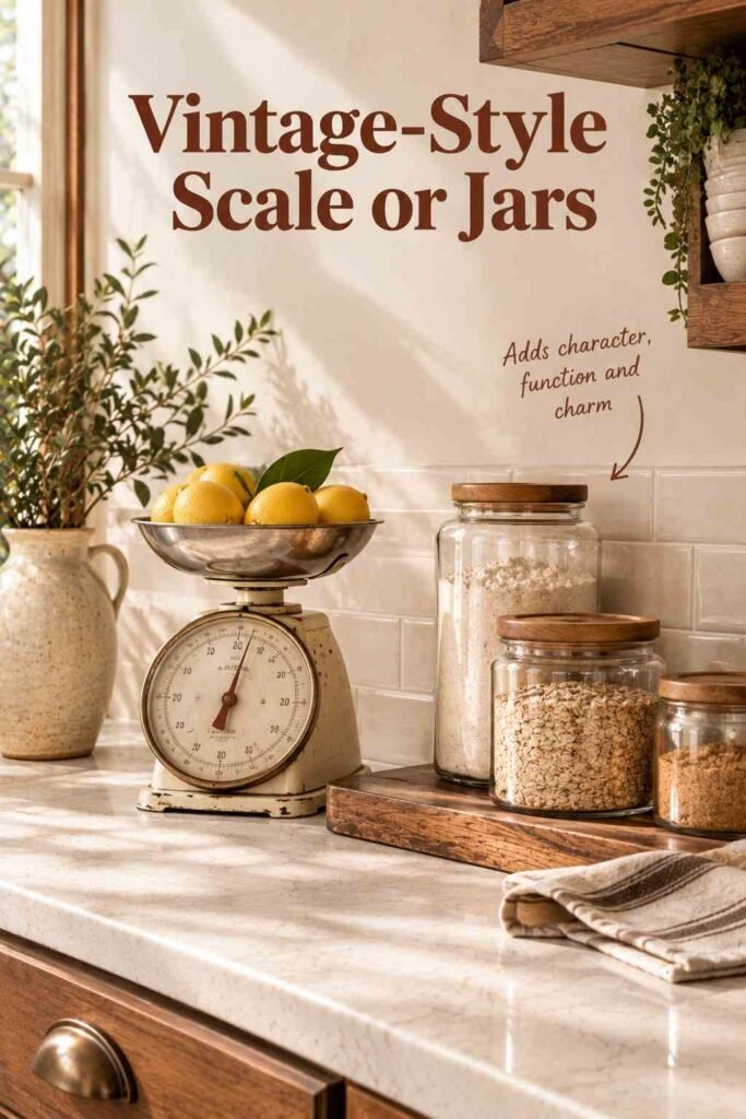 Kitchen Counter Decor Ideas to Transform Your Kitchen in 2026 6 Vintage-style kitchen scale and glass jars styled on a marble counter.