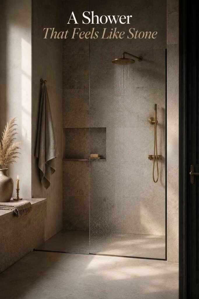 Frameless glass walk-in shower with matching stone-look tile continuing from the floor up the walls, faint steam visible.